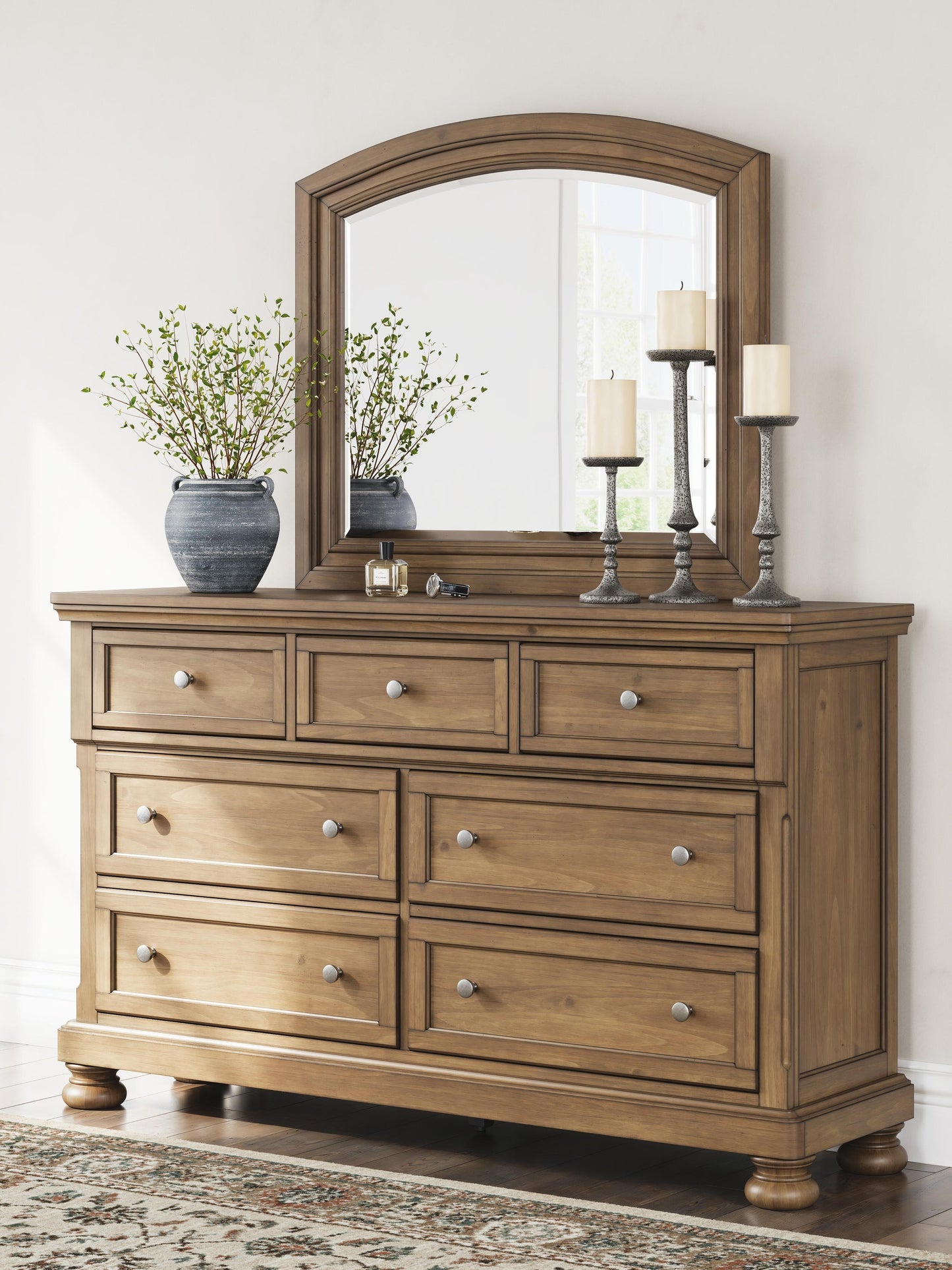 Feddinger King Storage Sleigh Bed with Mirrored Dresser, Chest and Nightstand